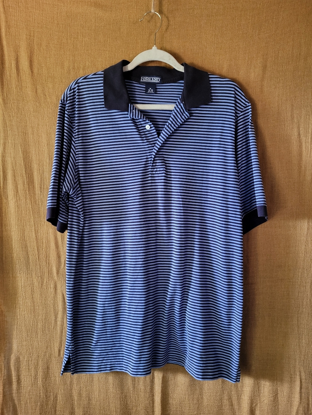Lands' End 100% Cotton Men's Navy and Light Blue Thin-Striped Polo
